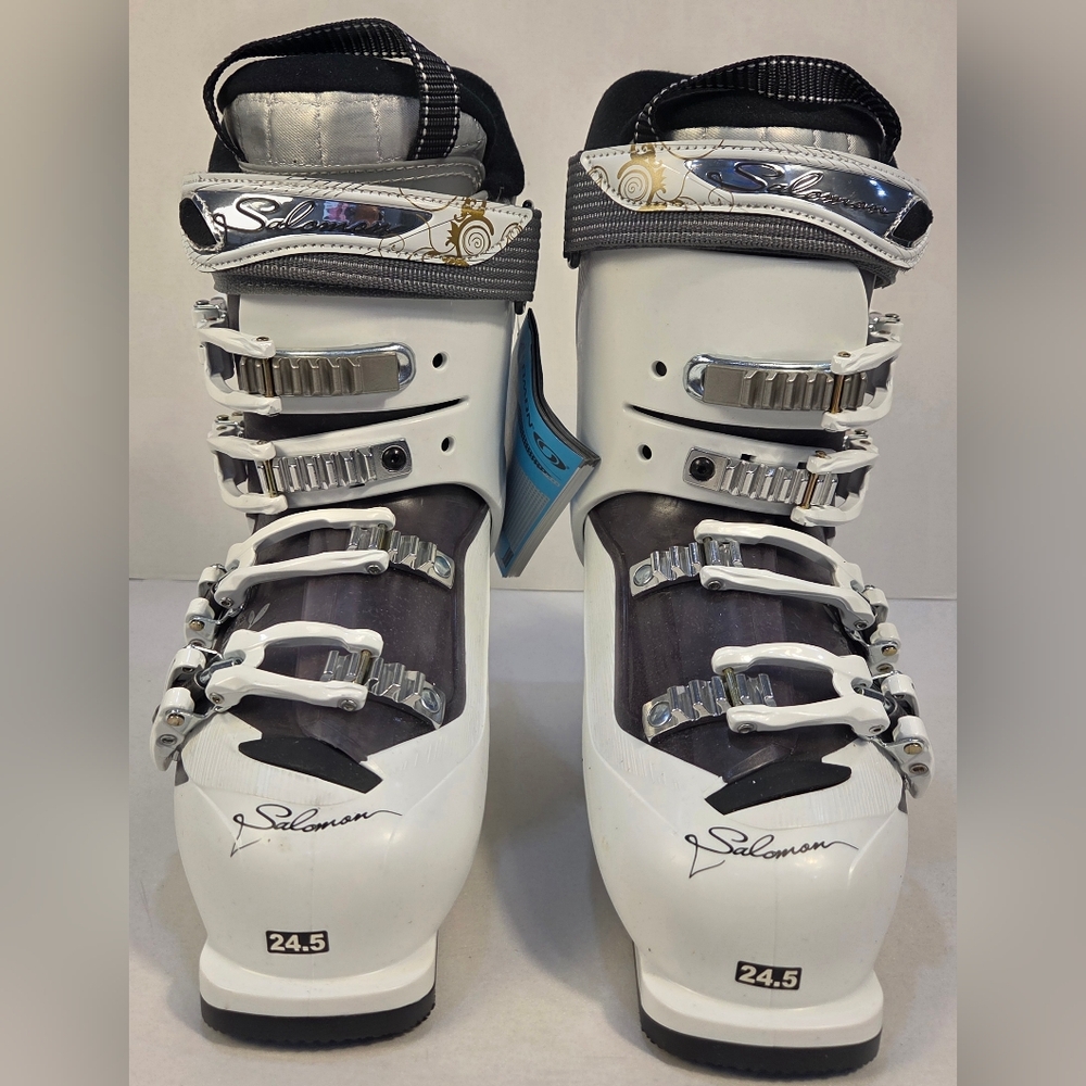 Salomon White Ski Boots with Silver Accents